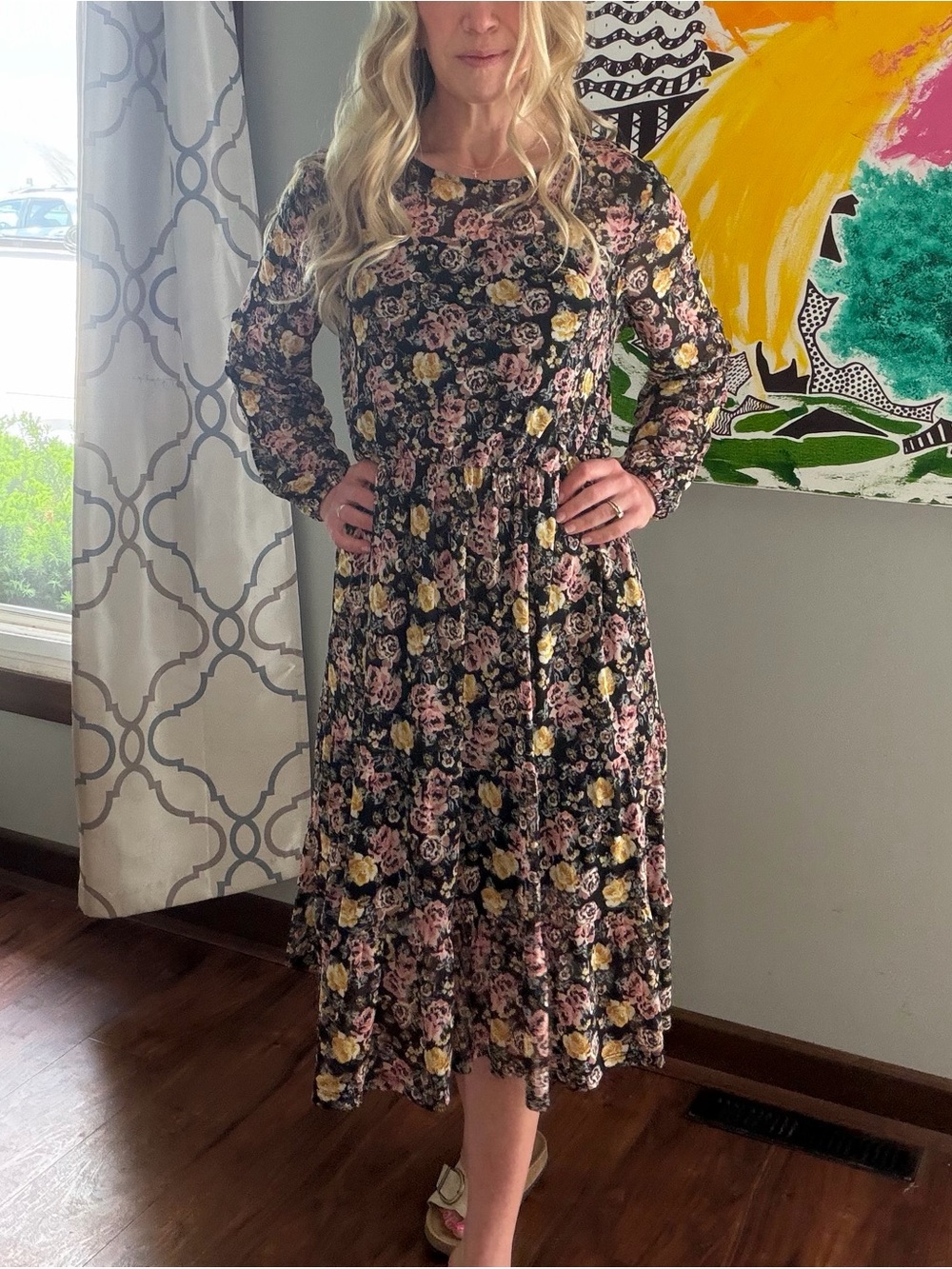Maurices Black Floral Long-Sleeve Midi Dress with Pink and Yellow Blooms